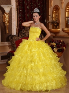 Exclusive Yellow Sweet 16 Quinceanera Dress Strapless Organza Beading Ball Gown