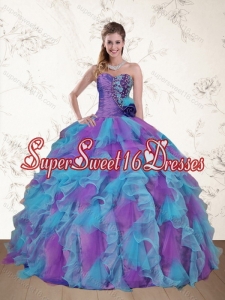 Custom Made 2015 Strapless Beading and Ruffles Multi Color Sweet 15 Dress