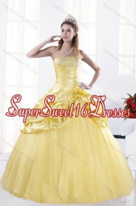 Cute Strapless Beading Yellow Quinceanera Dresses for 2015