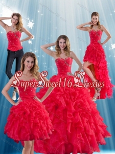 Detachable 2015 Red Strapless Quinceanera Dress with Ruffles and Beading