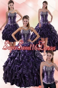 Detachable 2015 Sweetheart Ball Gown Purple Quince Dresses with Embroidery