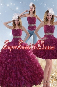 Detachable Burgundy Sweet 15 Dresses with Beading and Ruffles for 2015