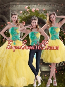 2015 Detachable Yellow and Green Quince Dresses with Ruching