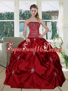 Wine Red Popular Strapless 2015 Quinceanera Gown with Embroidery and Pick Ups