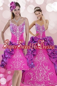 Elegant Fuchsia Spaghetti Straps Quince Dresses for 2015 with Embroidery