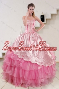 Strapless Pink 2015 Popular Quinceanera Dresses with Embroidery and Ruffles