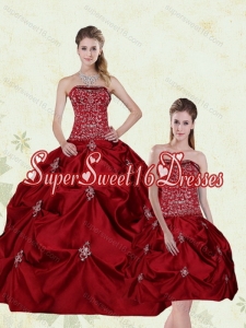 Simple Wine Red Strapless Quinceanera Gown with Embroidery and Pick Ups
