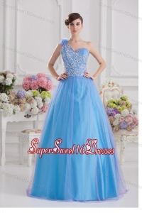 2014 A-line One Shoulder Tulle Blue Quinceanera Dress with Appliques Hand Made Flower