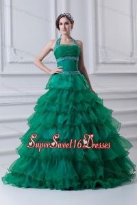 2014 Spring A-line Hater Top Beading and Appliques Green Quinceanera Dress