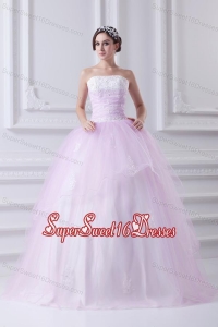 Cute Ball Gown Strapless Beading and Appliques Tulle Baby Pink Quinceanera Dress