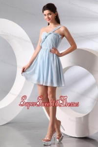 Cute Light Blue One Shoulder Ruching Mini-lengthDama Dress for Quinceanera