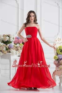 Red Empire Strapless Chiffon Floor-length Dama Dresses