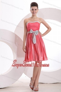 Empire Sashes and Pleats Strapless Watermelon Red Dama Dress for Quinceanera