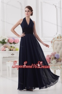 Navy Blue Halter top Long Dresses for Dama with Ruching and Lace