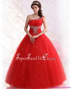 2015 Simple Red One Shoulder Sweet 15 Dresses with Rhinestones