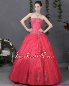 Simple Coral Red Strapless Sweet 16 Dress with Ruching and Appliques