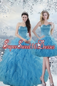 Modest Aqua Blue Dresses for Quince with Beading and Ruffles