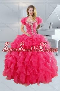 Modest Hot Pink Quince Dresses with Ruffles and Beading