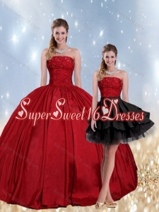 Modest Strapless Beaded Quinceanera Dress in Red and Black