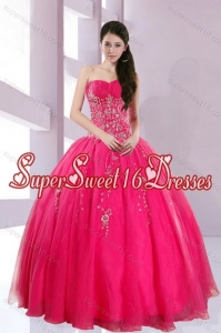 Modest Strapless Hot Pink Quince Dresses with Appliques