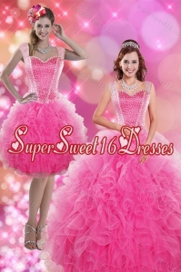 2015 Modest Hot Pink Quinceanera Dresses with Beading and Ruffles