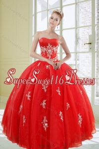 2015 Modest Red Ball Gown Quinceanera Dresses with Appliques