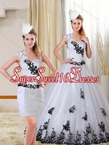 Modest One Shoulder Sweetheart White and Black Quinceanera Dress with Appliques