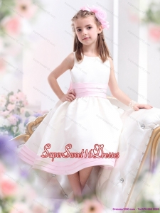 Beautiful White Scoop Little Girl Pageant Dress with Light Pink Bownot