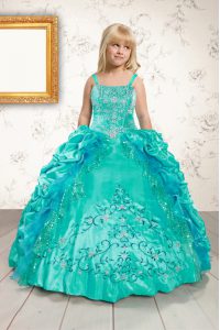 Hot Sale Pick Ups Straps Sleeveless Lace Up Little Girl Pageant Dress Aqua Blue Satin