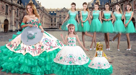 Turquoise Lace Up Sweetheart Embroidery and Ruffled Layers Sweet 16 Quinceanera Dress Organza Sleeveless