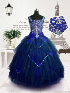 Royal Blue Straps Neckline Beading and Belt Kids Pageant Dress Sleeveless Lace Up