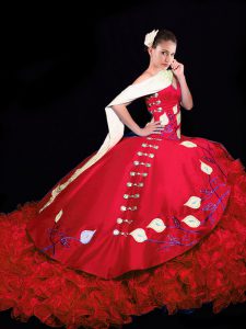 Embroidery and Ruffles Sweet 16 Quinceanera Dress Red Lace Up Sleeveless Brush Train