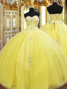 Dramatic Ball Gowns Quinceanera Gowns Gold Sweetheart Tulle Sleeveless Floor Length Lace Up