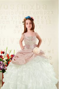 High End Peach Lace Up Straps Beading and Ruffled Layers and Hand Made Flower Little Girls Pageant Dress Wholesale Organza Sleeveless