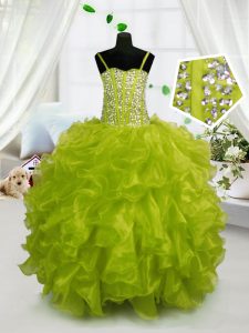 Yellow Green Spaghetti Straps Lace Up Beading and Ruffles Little Girls Pageant Gowns Sleeveless
