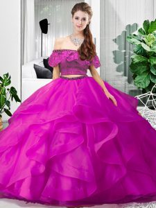 Fuchsia Off The Shoulder Neckline Lace and Ruffles Sweet 16 Quinceanera Dress Sleeveless Lace Up