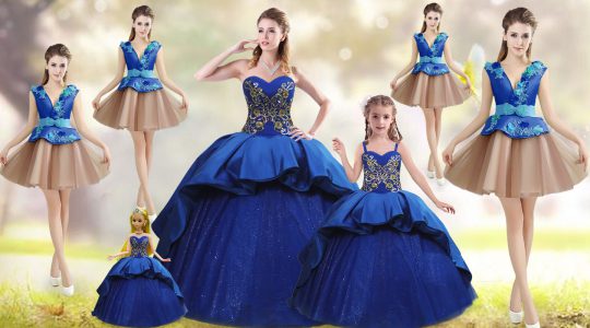 Free and Easy Lace Up Sweet 16 Dresses Blue for Military Ball and Sweet 16 and Quinceanera with Beading and Appliques and Embroidery Court Train