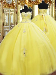 Glorious Sweetheart Sleeveless Quinceanera Dresses Floor Length Beading and Appliques Yellow Tulle
