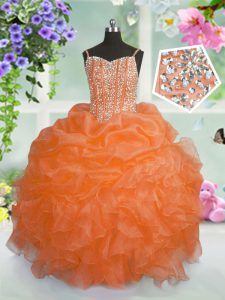 Elegant Orange Lace Up Kids Pageant Dress Beading and Ruffles and Pick Ups Sleeveless Floor Length