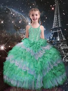 Floor Length Apple Green Little Girl Pageant Dress Straps Sleeveless Lace Up