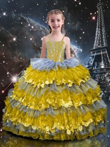 High Quality Multi-color Lace Up Girls Pageant Dresses Beading and Ruffled Layers Sleeveless Floor Length