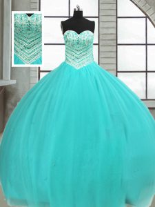 Floor Length Lace Up Quinceanera Gown Turquoise for Military Ball and Sweet 16 and Quinceanera with Beading