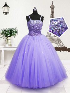 Sequins Ball Gowns Little Girls Pageant Gowns Blue Spaghetti Straps Tulle Sleeveless Floor Length Zipper