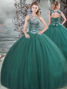 Tulle Scoop Sleeveless Lace Up Beading Sweet 16 Quinceanera Dress in Dark Green