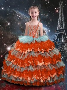 Multi-color Ball Gowns Organza Straps Sleeveless Beading and Ruffled Layers Floor Length Lace Up Kids Pageant Dress