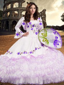White Long Sleeves Floor Length Embroidery and Ruffled Layers Lace Up 15 Quinceanera Dress