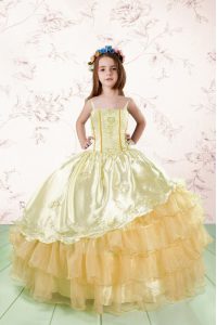 Amazing Spaghetti Straps Sleeveless Little Girls Pageant Dress Floor Length Embroidery and Ruffled Layers Orange Organza