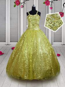 Sleeveless Lace Up Floor Length Sequins Little Girls Pageant Gowns