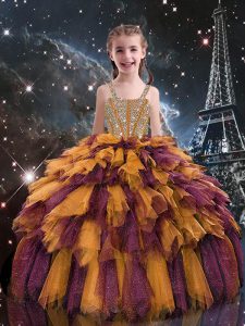 Sleeveless Tulle Floor Length Lace Up Little Girls Pageant Dress in Orange with Beading and Ruffles