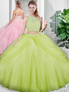 Yellow Green Lace Up Quinceanera Dresses Lace and Ruching Sleeveless Floor Length